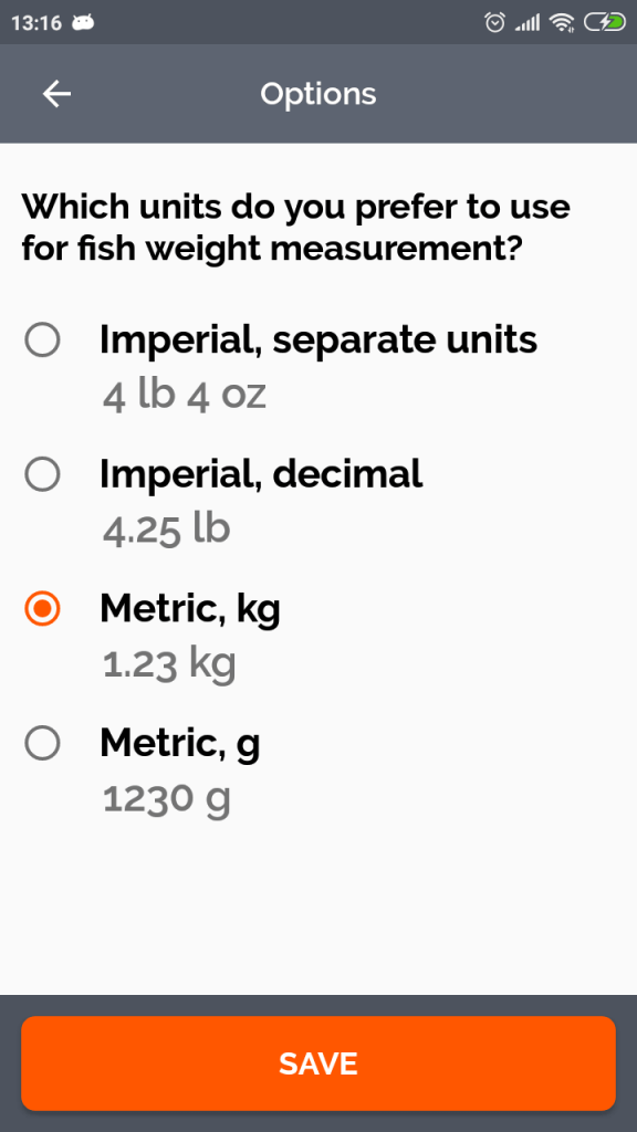 Weight Units Selection Screen